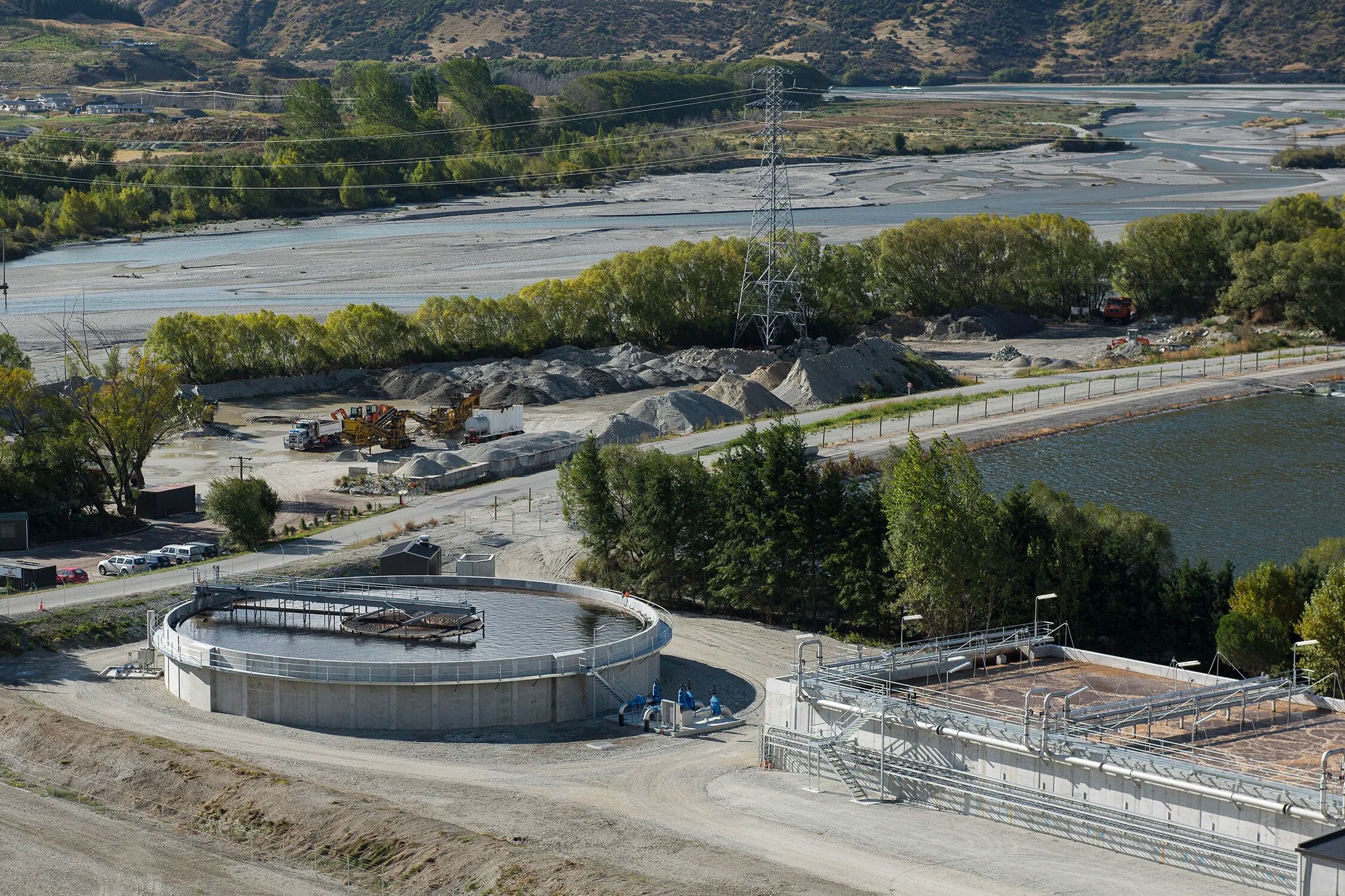 Water treatment plant beside a river, seen from above